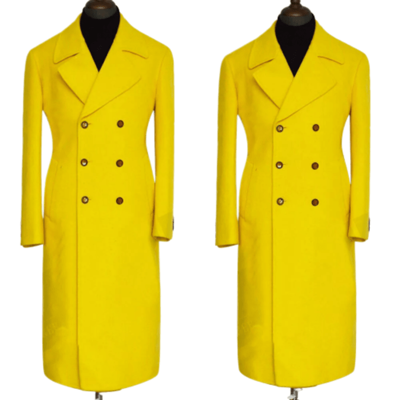 Mens Navy Yellow Overcoat Wool & Cashmere Covert Warm Winter Mod Long Coat