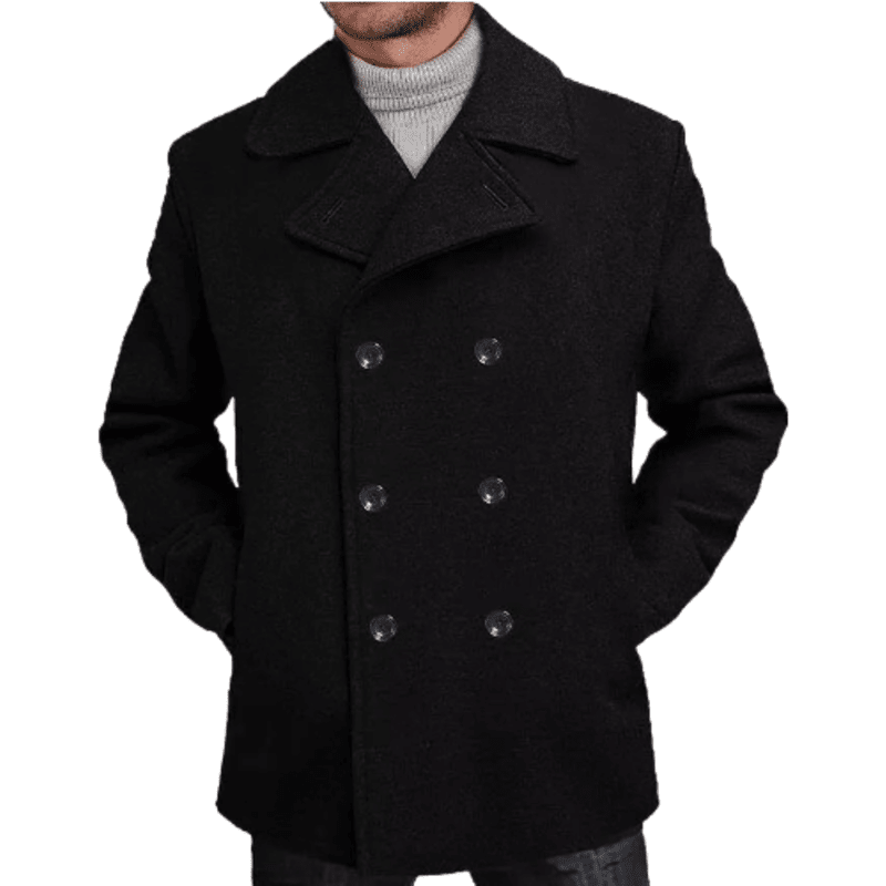 Men Classic Black Wool Blend Pea Coat Windbreaker Winters Jacket