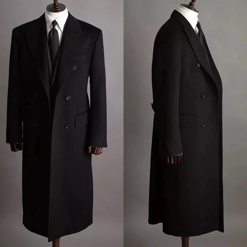 New Men's Military Black Wool & Cashmere Great Double Breasted Coat Long coat