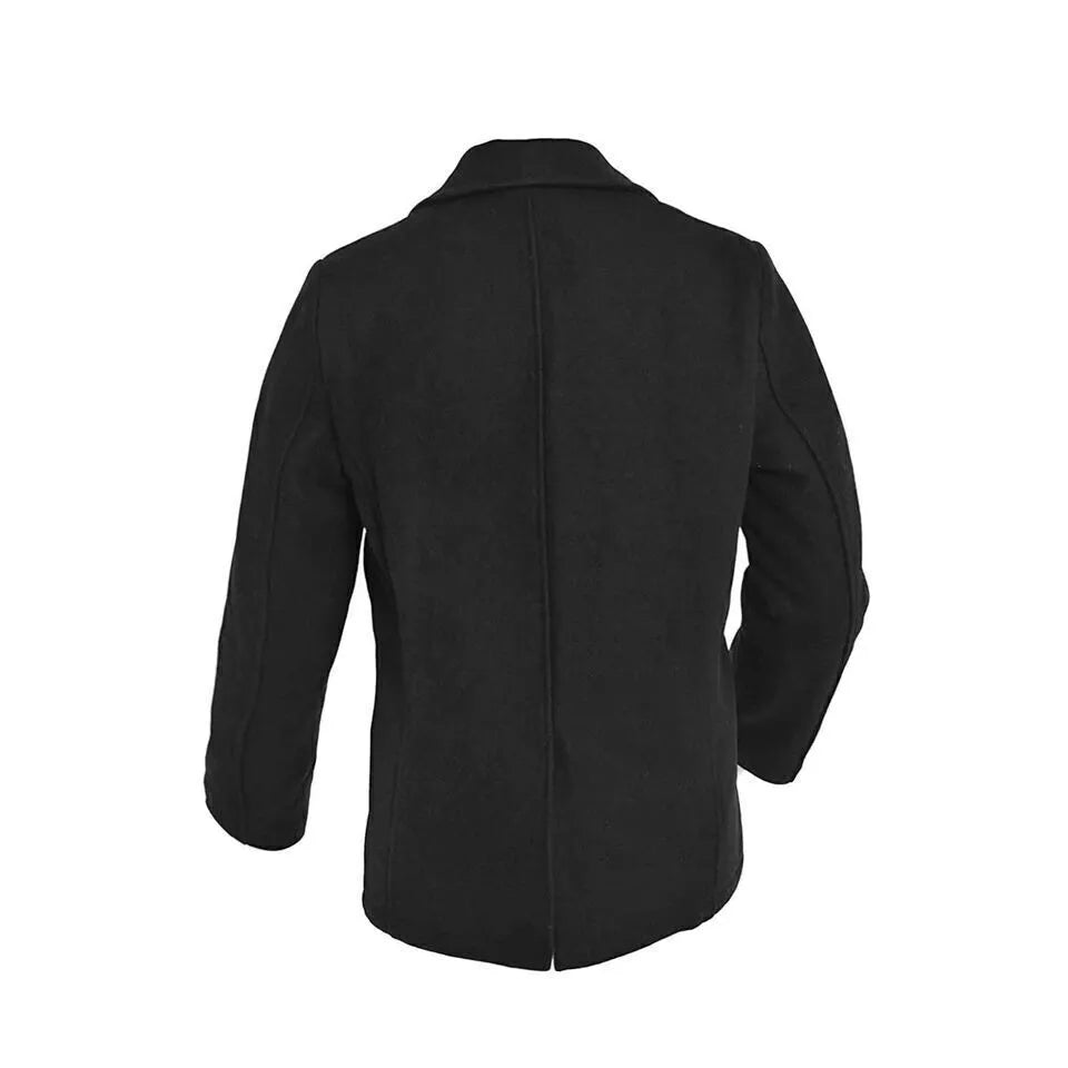 Men Navy Black Wool Blend Pea Coat Windbreaker Winters Jacket