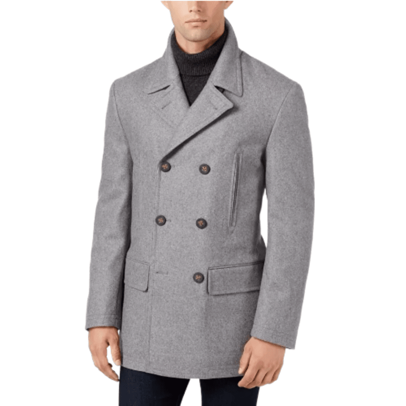 Men's Wool Double Breasted Pea coat Jacket Military Grey