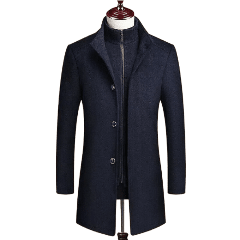 Men's Blue Wool Blend Mid Long Jackets Coats Slim Fit Trench Outwear with zip hood