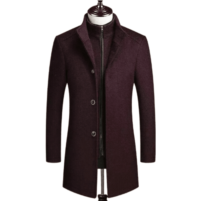 Men's Burgundy Wool Blend Mid Long Jackets Coats Slim Fit Trench Outwear with zip hood