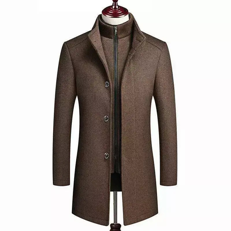 Men's Khaki Wool Blend Mid Long Jackets Coats Slim Fit Trench Outwear with zip hood