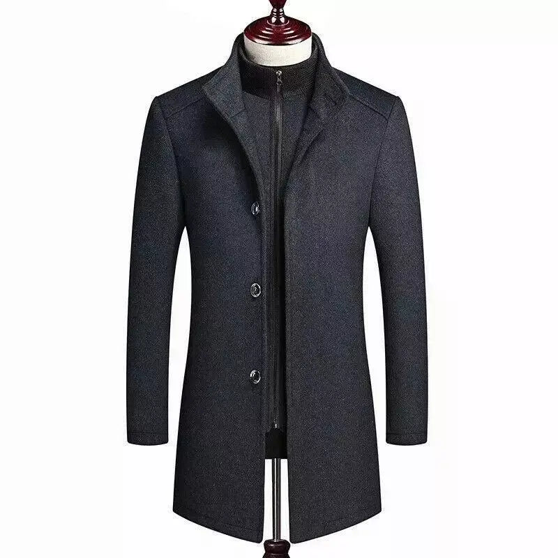 Men's Grey Wool Blend Mid Long Jackets Coats Slim Fit Trench Outwear with zip hood